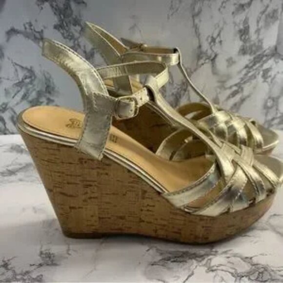 Brash Gold Metallic Strappy Cork Wedges Size 7 - Picture 9 of 11